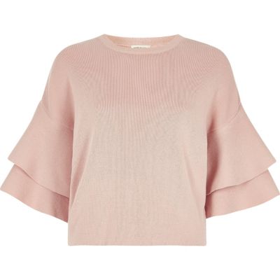 Light pink knit double frill sleeve top
